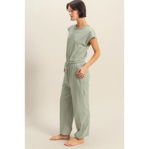 Megan Short Sleeve Casual Jumpsuit in Sage Green