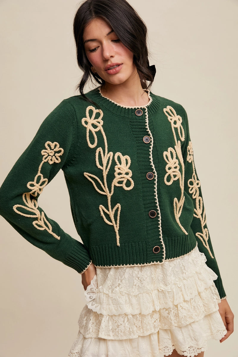 Embroidered Floral Knit Cardigan in Green