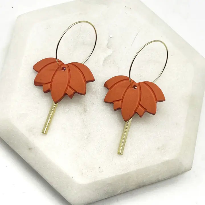 Rust Lotus Flower and Gold Stick Hoop Earrings