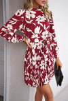 Laurie Floral Mockneck Pleated Dress in Red