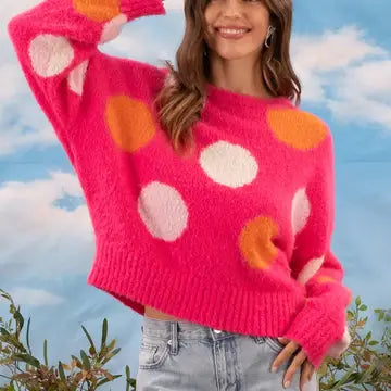 Megan Polka Dot Crewneck Sweater in Bright Pink