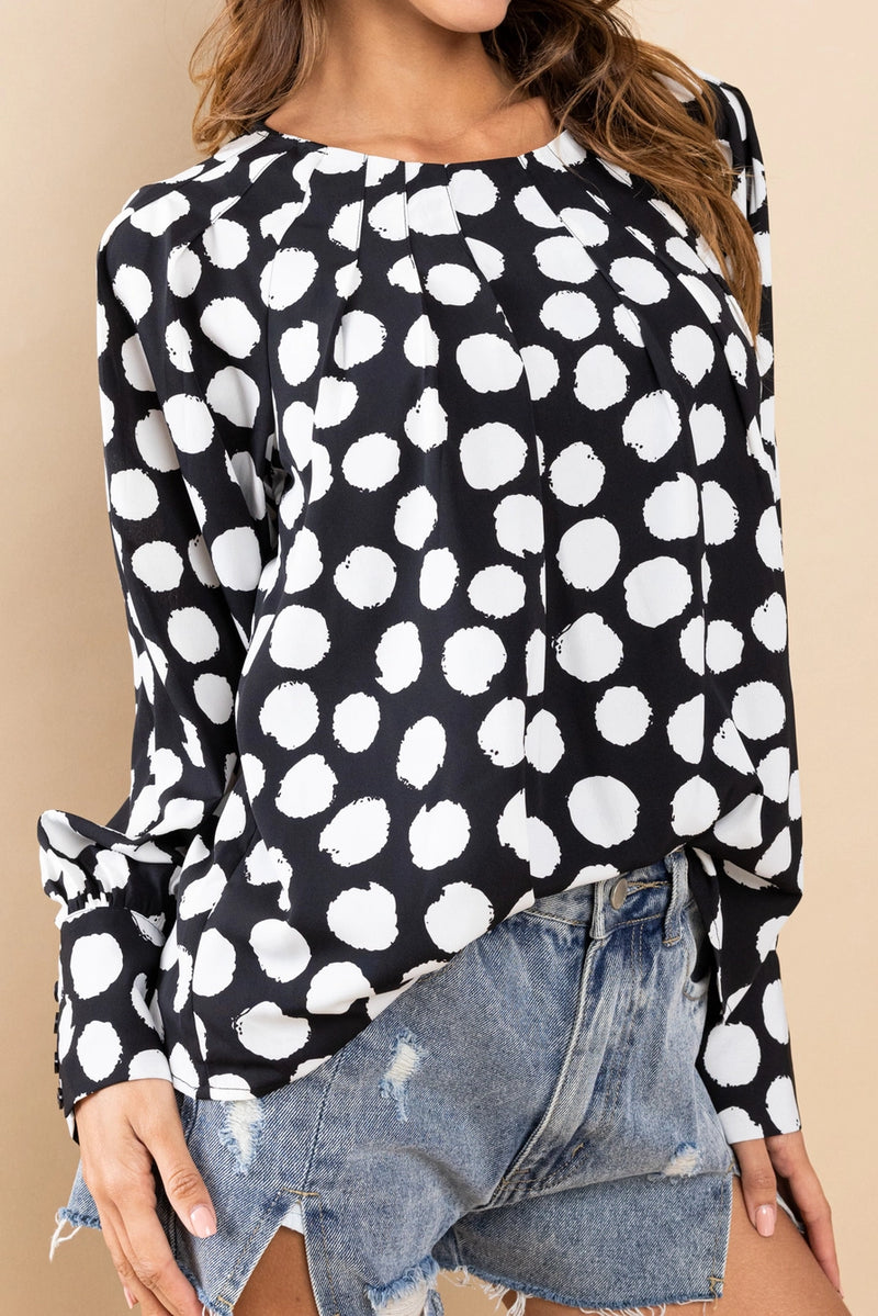 Tami Polka Dot Shirring Blouse in Black/White