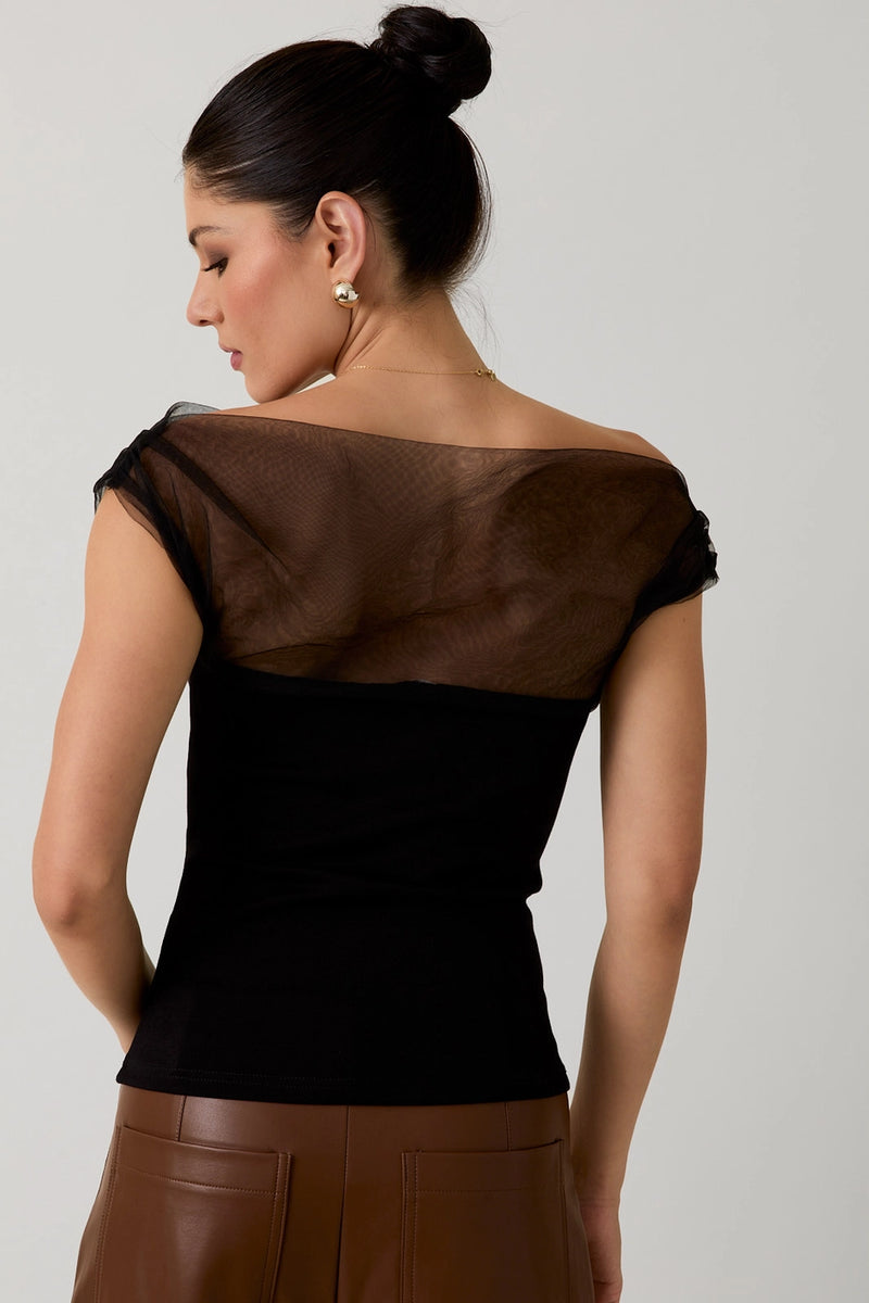 Harley Mesh & Ponti Mix Drape Top in Black