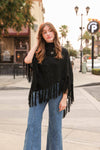 Turtleneck Cable Knit Poncho With Tassels: Black