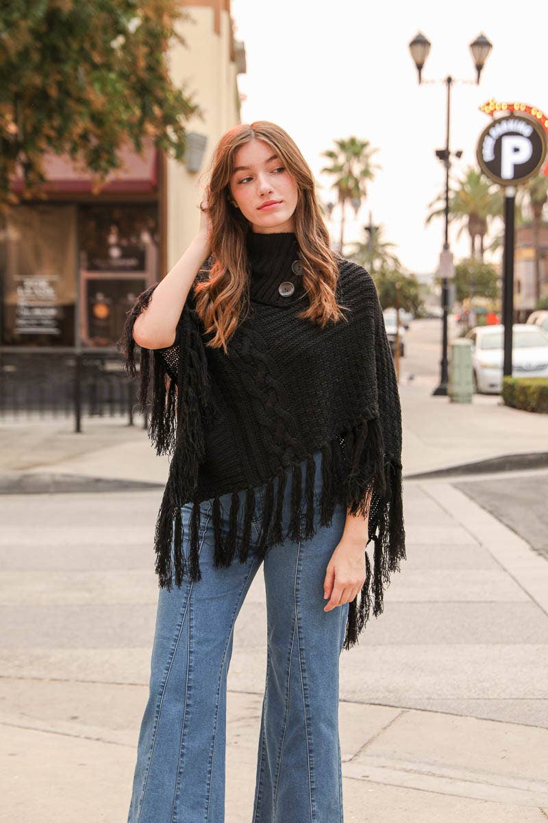 Turtleneck Cable Knit Poncho With Tassels: Black