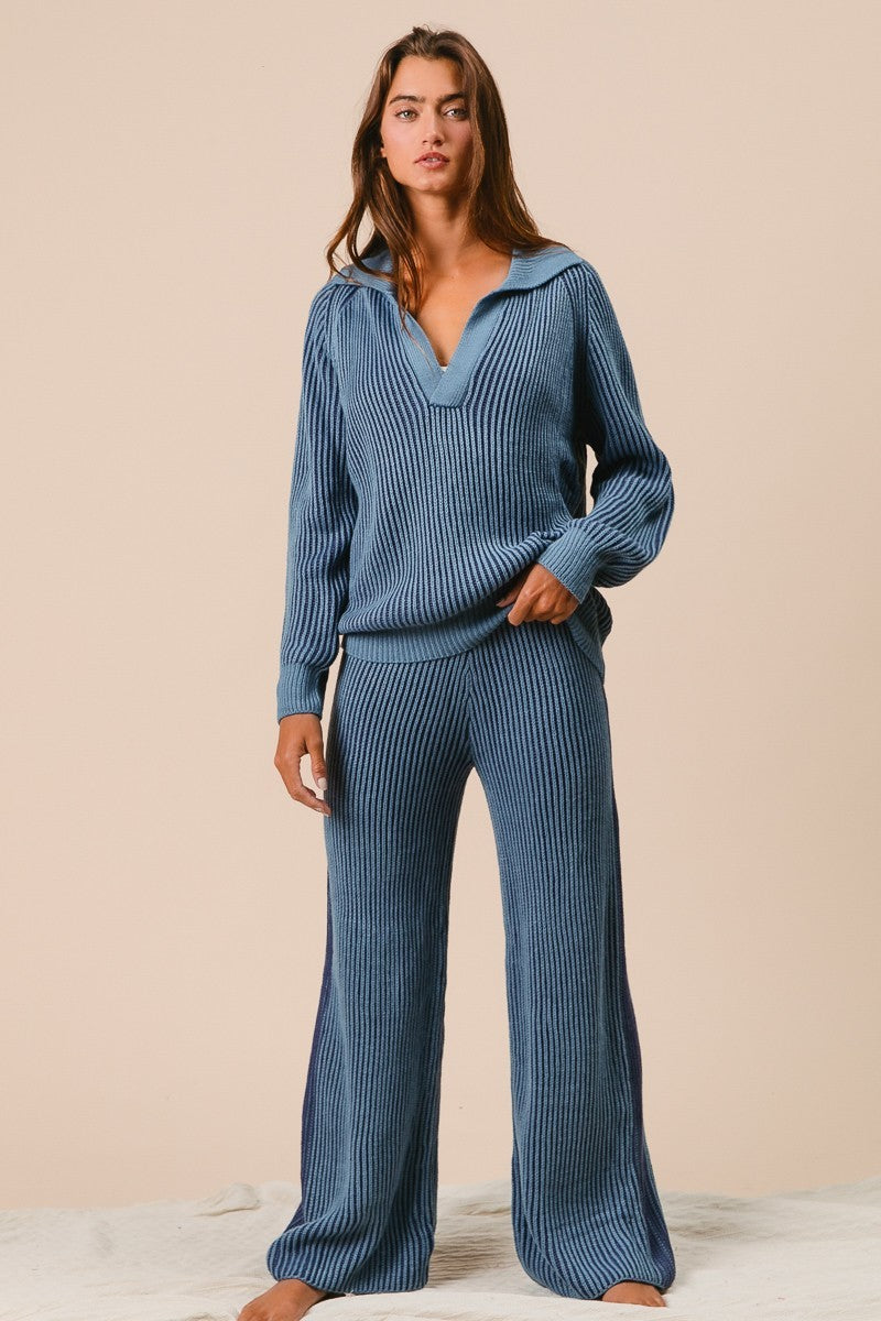 Hazel Two Tone Ribbed Collared Sweater and Pant Set in Denim/Navy