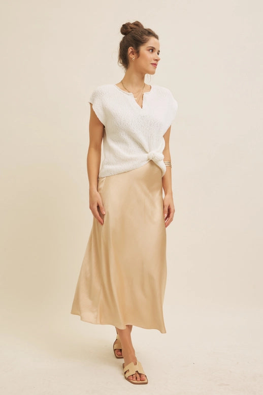 Satin Bias Cut Maxi Skirt in Birch Beige