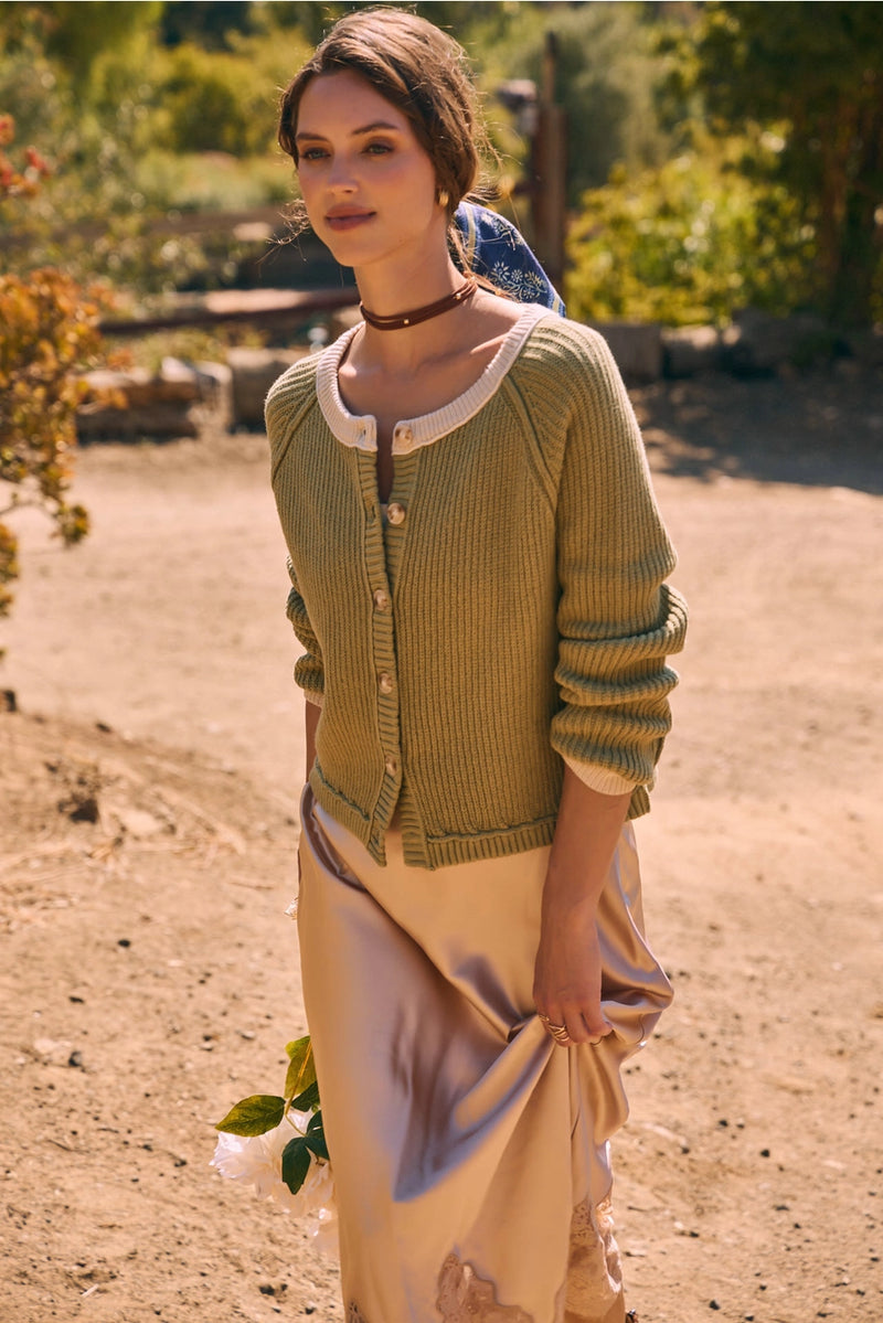 Carrie Soft Button Down Cardigan in Light Olive/Stone