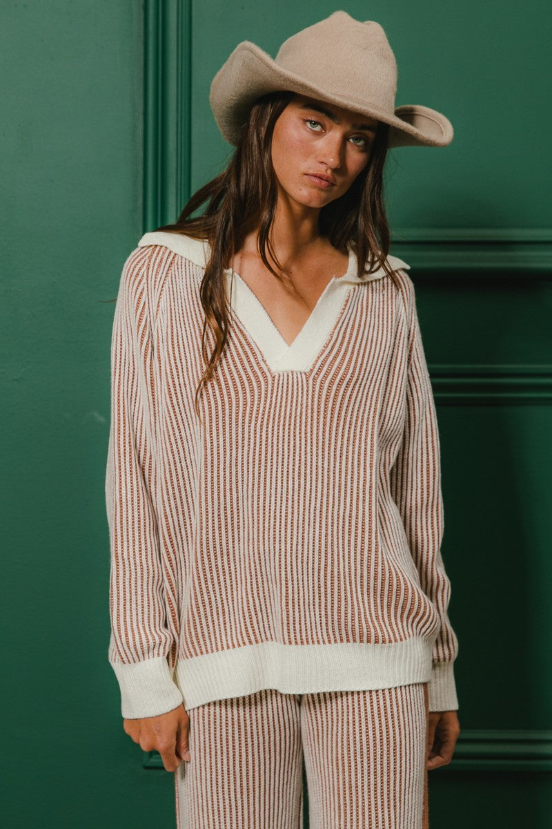 Hazel Two Tone Ribbed Collared Sweater and Pant Set
