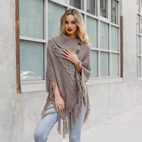 Turtleneck Cable Knit Poncho With Tassels: Mocha