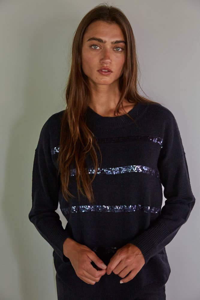 By Together Knit Sweater Sequin Detail Pullover Top in Dark Navy