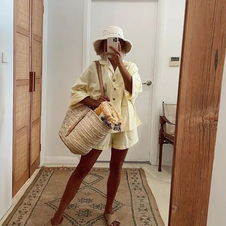 Handmade Moroccan Straw Basket Bag with Leather Straps