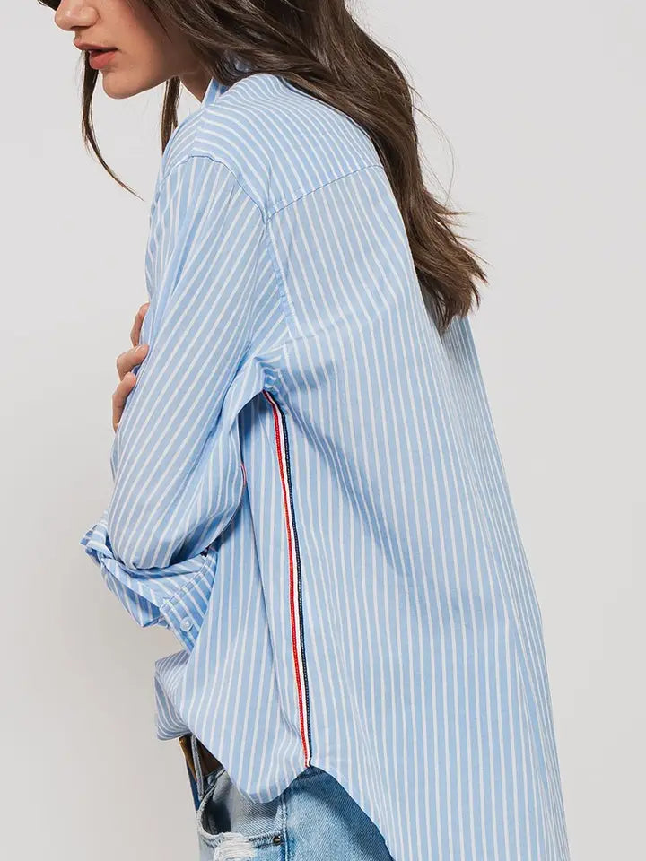 Rachel Striped Twill Detail Button Down Top