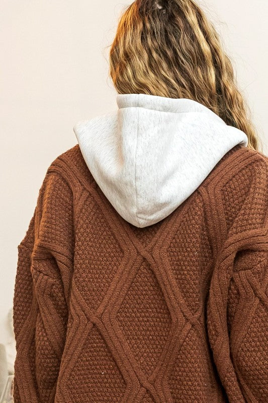 Rhombus Pattern Sweater with Attached Knit Hoodie