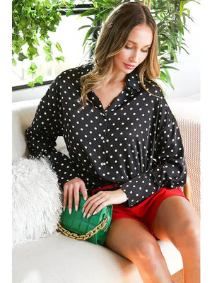 Faith Polka Dot Satin Button Up Blouse in Black