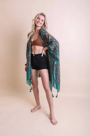 Tapestry Tassel Kimono in Emerald Copper