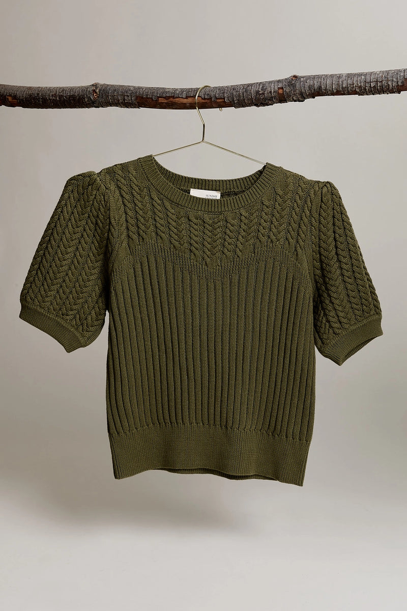 Nadia Round Neck Puff Short Sleeve Cable Knit Sweater
