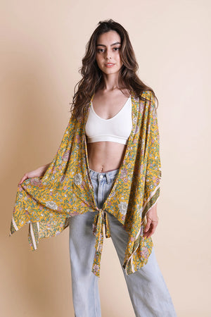 Boho Charm Lightweight Floral Kimono Wrap in Yellow