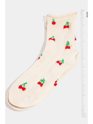 Cherry Embroidered Beige Socks