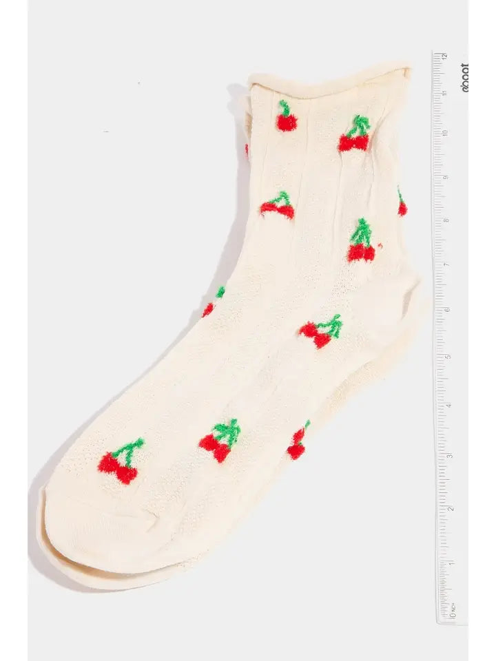 Cherry Embroidered Beige Socks
