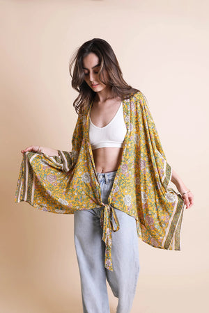 Boho Charm Lightweight Floral Kimono Wrap in Yellow