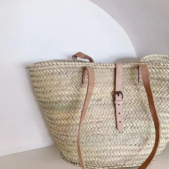 Handmade Moroccan Straw Basket Bag with Leather Straps