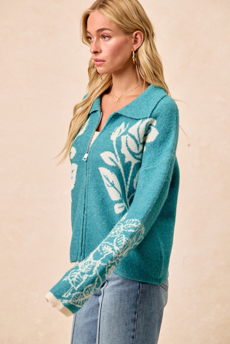 Teal Flower Sweater Zip-Front Cardigan