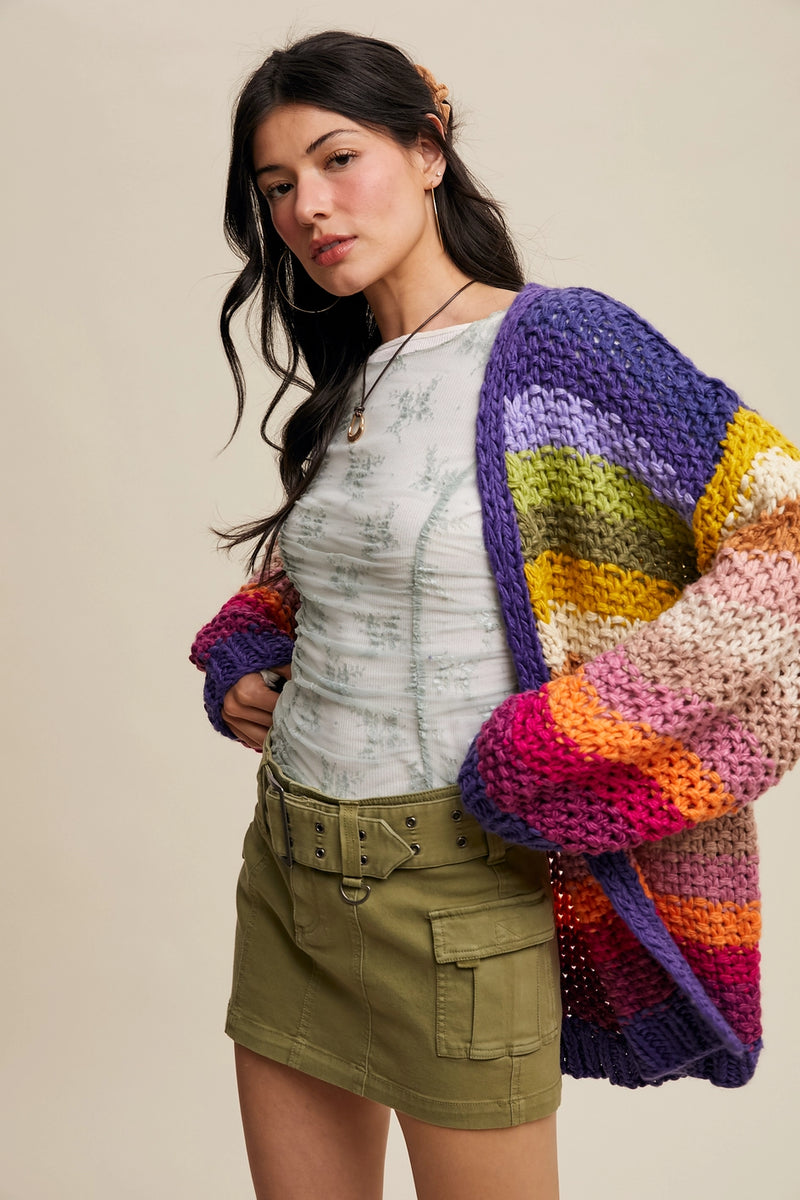 Ellie Rainbow Crochet Open Cardigan in Rainbow Multi