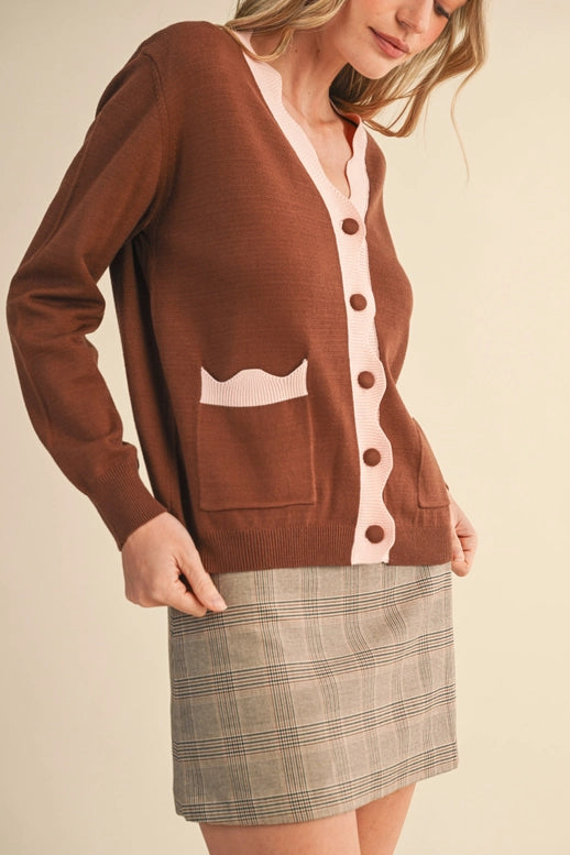 Esme Scalloped Sweater Cardigan in Brown Blush