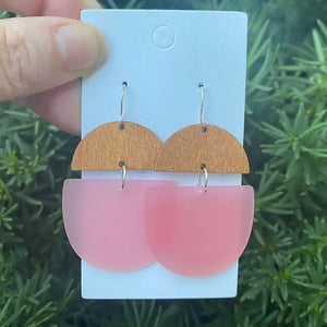 Pink Acrylic and Wood Deco Drop Earrings