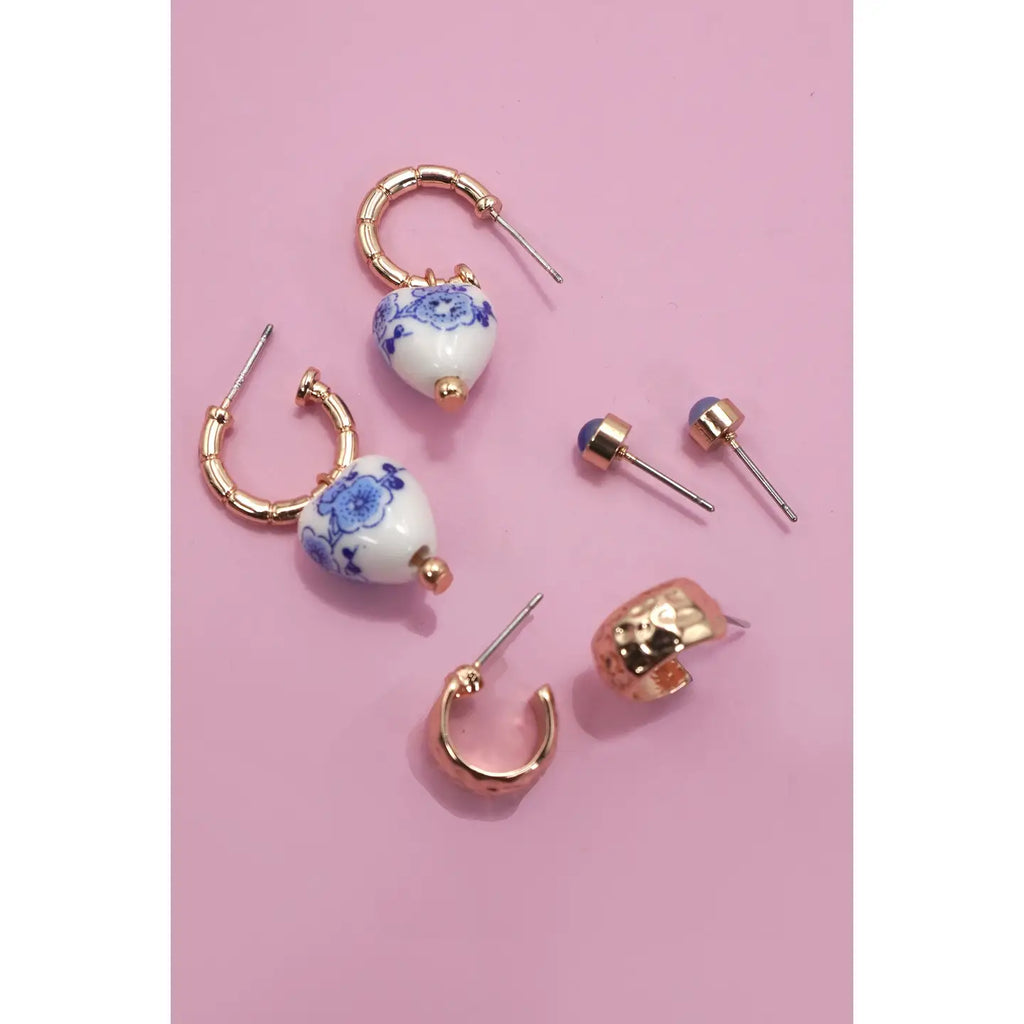 Blue Ceramic Porcelain Trio Huggie Hoop Earrings