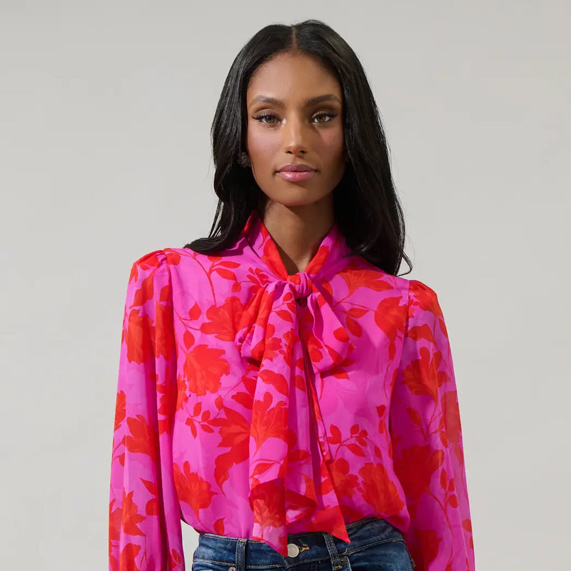 Kensie Floral Etienne Tie Neck Long Sleeve Blouse by Sugarlips