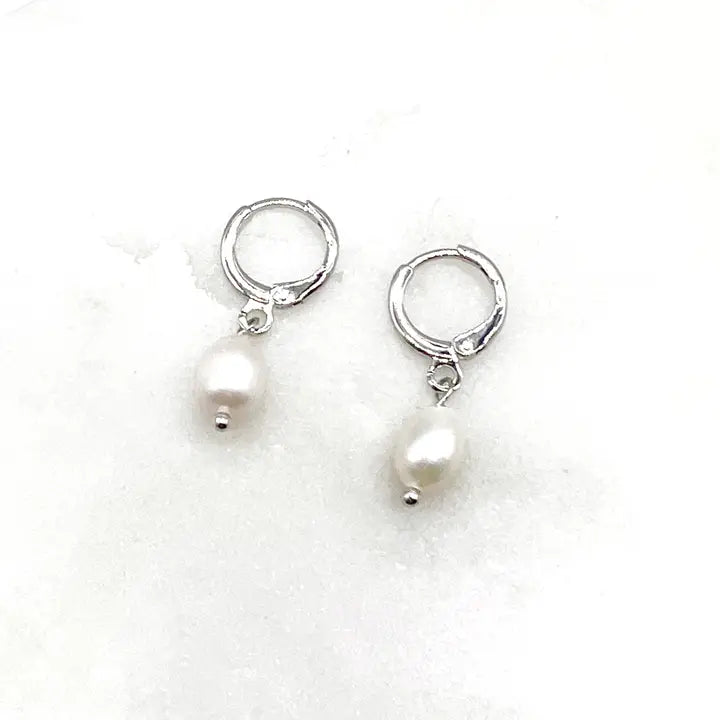 Pearl Silver Huggie Hoops