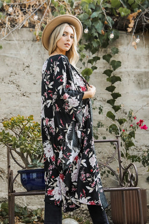 Flowing Floral Kimono With Butterfly Sleeves in Black