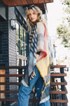 Light Multicolor Plaid Colorblock Poncho with Fringe Trim