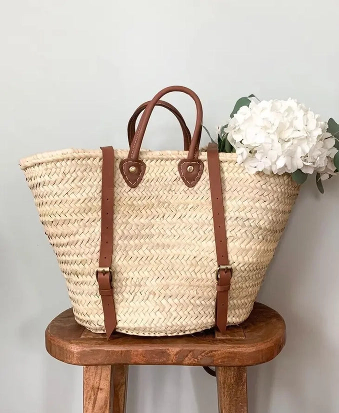 Handmade French Market Basket Backpack With Leather Straps