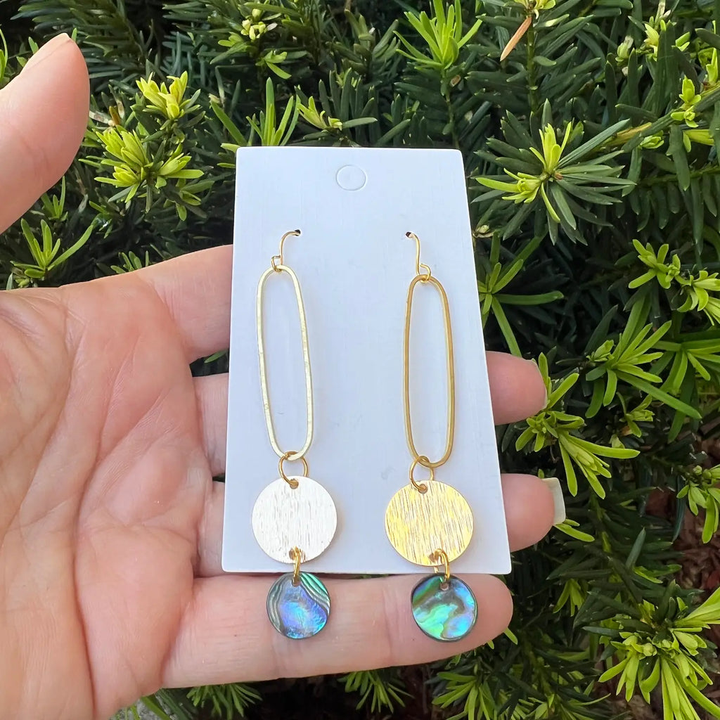 Gold Abalone Shell Double Disc Long Drop Acrylic Earrings