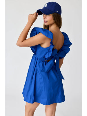 Audrey Tie-Back Ruffle Mini Dress in Cobalt Blue