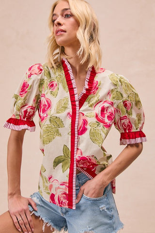 Betsy Tie Front Contrast Sheer Long Sleeve Blouse