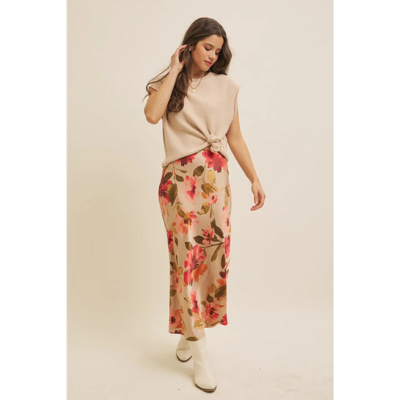 Satin Bias Cut Maxi Skirt in Taupe Floral