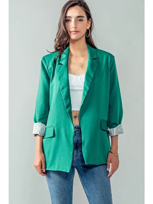 Stella Open Front Long Blazer in Green