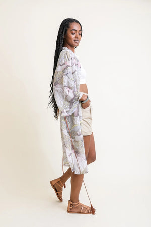Ikebana Print Kimono With Suede Tie Belt in Pink