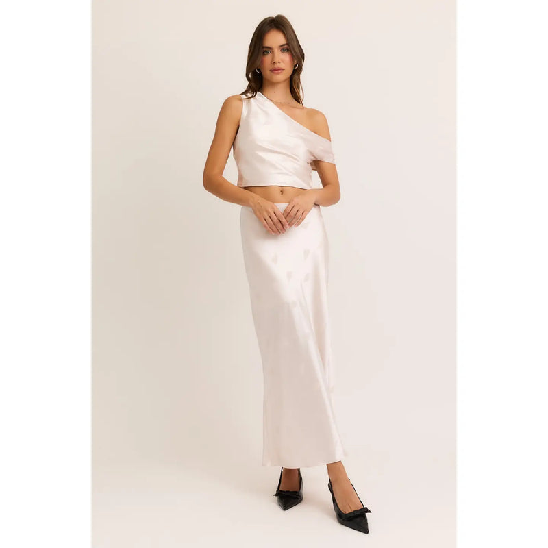 Corinne Cream Heart Asymmetrical Neck Line Top and Maxi Skirt Set