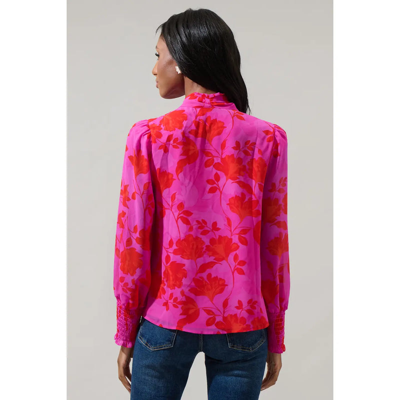 Kensie Floral Etienne Tie Neck Long Sleeve Blouse by Sugarlips