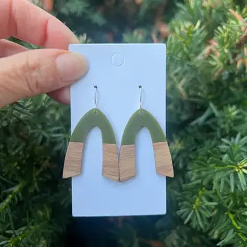 Olive Green Resin Wood Arch Statement Earrings