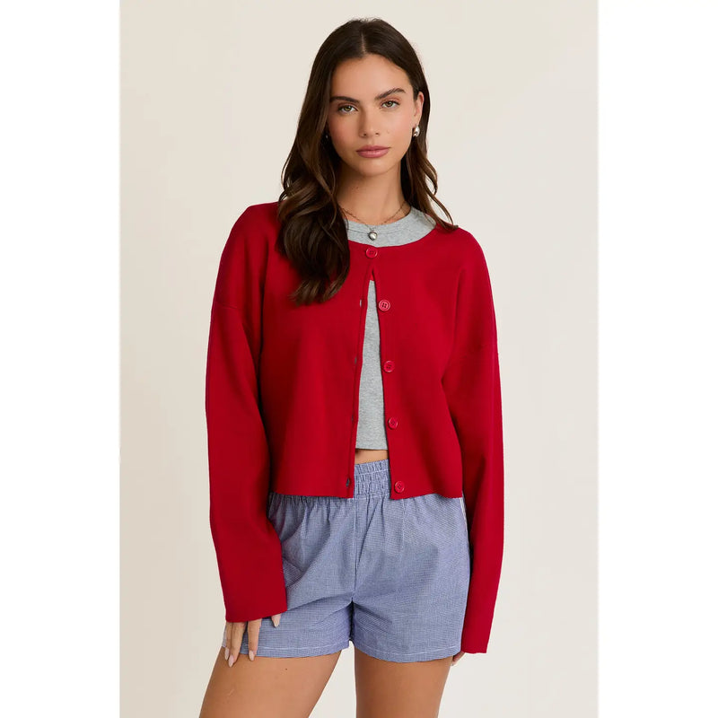 Melissa Round Neck Button Cardigan in Red