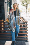 Light Multicolor Plaid Colorblock Poncho with Fringe Trim