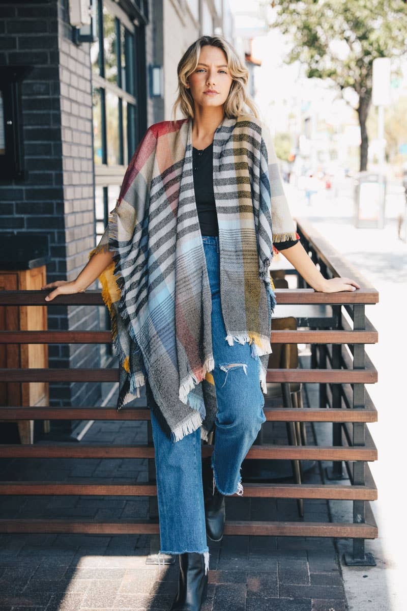 Light Multicolor Plaid Colorblock Poncho with Fringe Trim