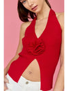 Madelyn Rosette Halter Rib Knit Top in Red