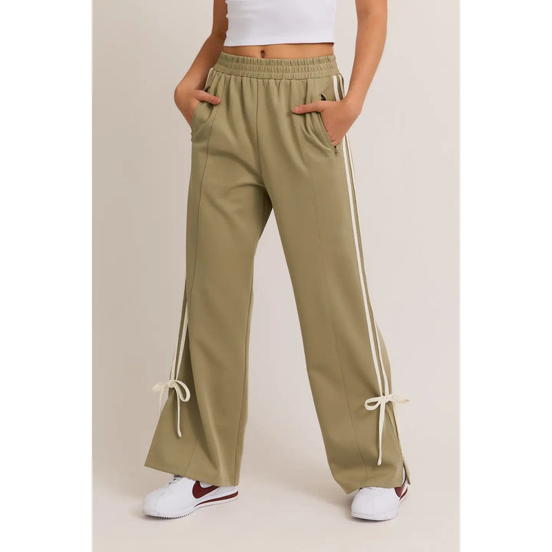 Blythe Bow Detail Track Pants in Sage and White